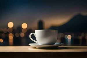 uma copo do café em uma mesa dentro frente do uma paisagem urbana. gerado por IA foto