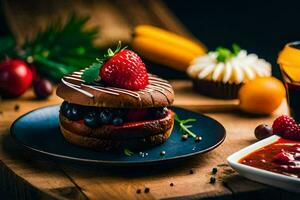 uma chocolate bolo com morangos e bagas em isto. gerado por IA foto