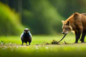 uma Raposa e uma pássaro em pé Próximo para cada outro. gerado por IA foto