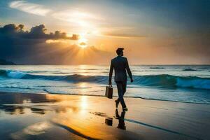 uma homem dentro uma terno anda em em a de praia às pôr do sol. gerado por IA foto