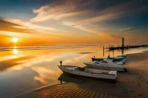 barcos em a de praia às pôr do sol. gerado por IA foto