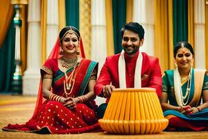 uma casal e seus família pose para uma foto dentro tradicional indiano traje. gerado por IA