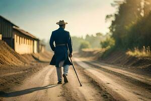 uma homem dentro uma terno e chapéu caminhando baixa uma sujeira estrada. gerado por IA foto