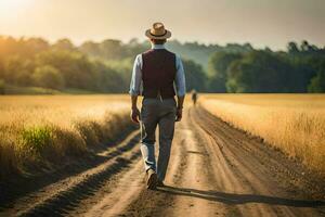 uma homem dentro uma chapéu e colete caminhando baixa uma sujeira estrada. gerado por IA foto