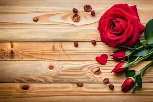 vermelho rosas e café feijões em uma de madeira mesa. gerado por IA foto