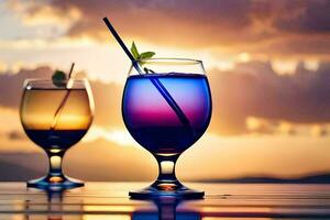 dois óculos do colorida bebidas em uma mesa. gerado por IA foto