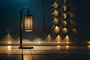 uma luminária em uma de madeira chão dentro uma Sombrio sala. gerado por IA foto