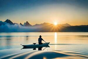 uma homem dentro uma barco remar através uma lago às pôr do sol. gerado por IA foto