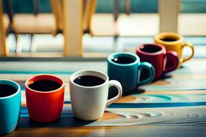 uma linha do café copos em uma de madeira mesa. gerado por IA foto
