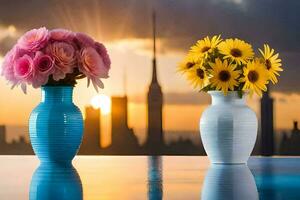 dois vasos com flores em uma mesa com uma cidade dentro a fundo. gerado por IA foto