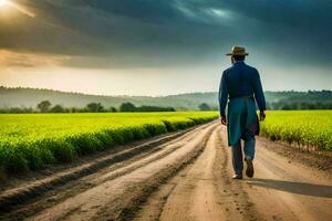 uma homem dentro uma chapéu e azul camisa caminhando baixa uma sujeira estrada. gerado por IA foto