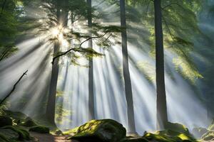 cênico panorama raios do luz dentro a floresta criada com generativo ai tecnologia foto