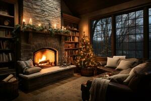 acolhedor vivo quarto com Natal árvore, meias, e fogo crepitação foto