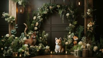 caprichoso bosque tema com animal decoração e vegetação festão foto