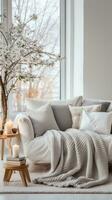 de inspiração escandinava vivo quarto com minimalista árvore e acolhedor cobertores foto