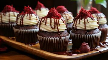 vermelho veludo bolos de copo com creme queijo geada e chocolate chuvisco foto