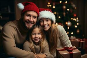 feliz família dentro santa chapéus com presentes e decorações foto