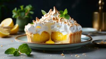 limão merengue torta com fofo picos, uma luz e cítrico indulgência foto