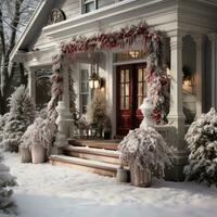 festivo ao ar livre decorações com Nevado árvores e uma guirlanda foto