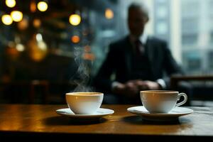 copo do quente café com pires em mesa, homem de negocios sentado ai gerado foto