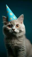 festivo felino, gato com aniversário chapéu em azul ai gerado foto