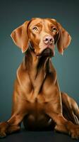 lindo húngaro vizsla cachorro cheio corpo estúdio retrato azul fundo ai gerado foto