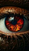 macro imagem do humano olho com fogo chamas . misturado meios de comunicação vertical Móvel papel de parede ai gerado foto