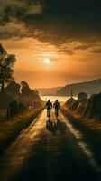 tirar o fôlego Visualizações, costas Visão do ciclistas em uma pôr do sol estrada vertical Móvel papel de parede ai gerado foto