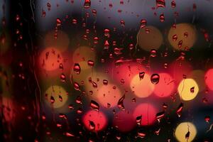 período noturno ambiente pingos de chuva contra a janela, banhado dentro vermelho luzes ai gerado foto