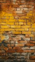 velho e resistido amarelo e vermelho tijolo parede, desatado padronizar pano de fundo vertical Móvel papel de parede ai gerado foto