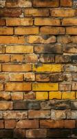 desatado padronizar fundo com a velho e resistido amarelo e vermelho tijolo parede vertical Móvel papel de parede ai gerado foto