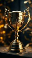 campeão dourado troféu para vencedora fundo sucesso e realização conceito esporte e copo prêmio tema vertical Móvel papel de parede ai gerado foto
