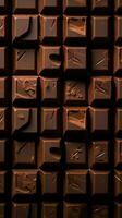 decadente chocolate blocos, fechar-se do indulgente Sombrio chocolate Barra segmentos vertical Móvel papel de parede ai gerado foto