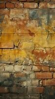sujo desatado padronizar textura apresentando a envelhecido amarelo e vermelho tijolo parede vertical Móvel papel de parede ai gerado foto