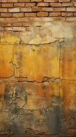 sujo desatado padronizar textura apresentando a envelhecido amarelo e vermelho tijolo parede vertical Móvel papel de parede ai gerado foto