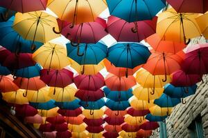 uma variedade do aberto guarda-chuvas balançar, apresentando uma colorida espetáculo ai gerado foto