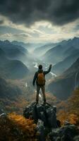 costas visualizar, mochileiro em rochoso pico, braços criado, cativado de enevoado montanha cenário vertical Móvel papel de parede ai gerado foto