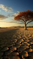 seca acometido solo ursos solitário árvore, retratando clima alterar água escassez impacto vertical Móvel papel de parede ai gerado foto