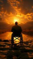 capacitando silhueta cadeira de rodas limite figura contra pôr do sol, incorporando força e perseverança vertical Móvel papel de parede ai gerado foto