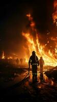 fogosa crise evitado bombeiros utilizar rodopio névoa para conquistar óleo chamas, garantindo segurança vertical Móvel papel de parede ai gerado foto