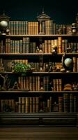 miríade velho livros descansar em prateleiras, conjuração intelectual riqueza dentro a biblioteca vertical Móvel papel de parede ai gerado foto