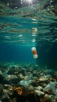 oceano estragado de plástico garrafas e microplásticos, sublinhado a questão do marinho poluição vertical Móvel papel de parede ai gerado foto