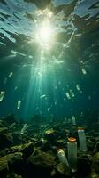 aberto mar contaminado de plástico garrafas e microplásticos, simbolizando marinho plástico poluição vertical Móvel papel de parede ai gerado foto