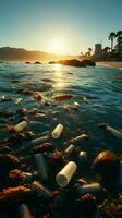 plástico desperdício e recusar praga arenoso litoral, refletindo de praia poluições de Meio Ambiente Pedágio vertical Móvel papel de parede ai gerado foto