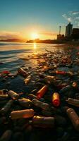 plástico desperdício e recusar praga arenoso litoral, refletindo de praia poluições de Meio Ambiente Pedágio vertical Móvel papel de parede ai gerado foto