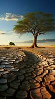 solitário árvore cresce em rachado terra, exemplificando clima alterar seca dirigido consequências vertical Móvel papel de parede ai gerado foto