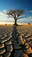 árvore em rachado terra significa clima mudança impacto, seca, e de Meio Ambiente crise vertical Móvel papel de parede ai gerado foto