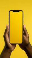 mão estende caixa para telefone, contra animado amarelo pano de fundo intrigante convergência vertical Móvel papel de parede ai gerado foto