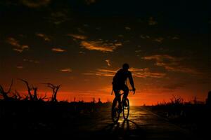 equitação para dentro a crepúsculo, uma ciclista goza a tranquilo tarde ambiente ai gerado foto