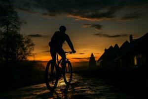 equitação para dentro a crepúsculo, uma ciclista goza a tranquilo tarde ambiente ai gerado foto